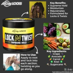 All Day Locs Lock N Twist Gel - Supreme Hold -Beauty Exchanges allday locks lock n twist locking gel re twist locks supreme hold smooths tames frizz flake free soft finish 866648