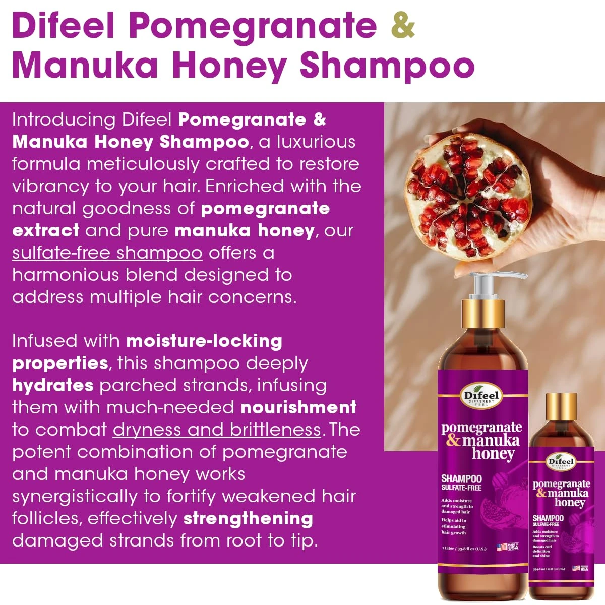 Difeel Pomegranate & Manuka Honey Sulfate-Free Shampoo –12 Oz 6 Difeel Pomegranate & Manuka Honey Sulfate-Free Shampoo –12 Oz - Image 4