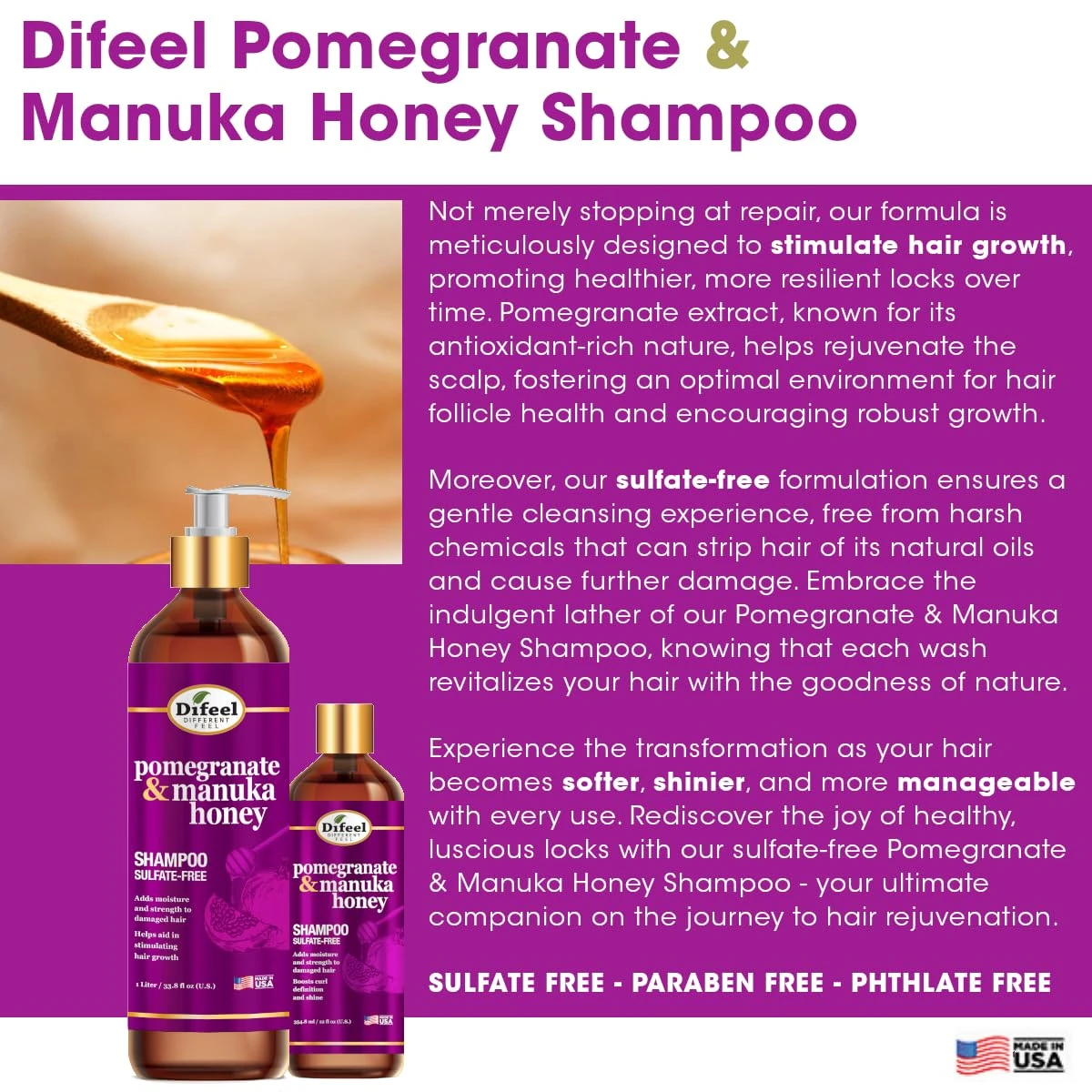 Difeel Pomegranate & Manuka Honey Sulfate-Free Shampoo –12 Oz 7 Difeel Pomegranate & Manuka Honey Sulfate-Free Shampoo –12 Oz - Image 5
