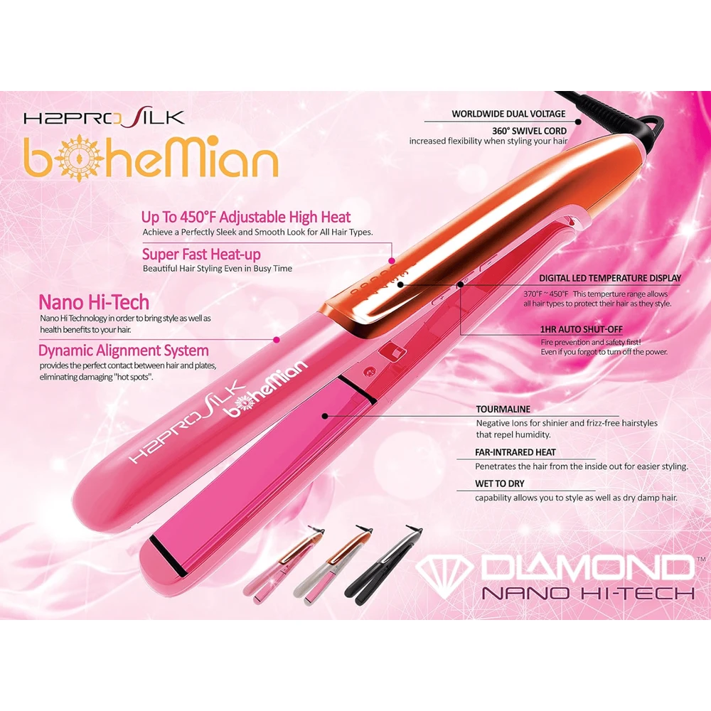 H2PRO Silk Bohemian 1" Ceramic Tourmaline Styling Iron – 450℉ Nano Hi-Tech Plates 4 H2PRO Silk Bohemian 1" Ceramic Tourmaline Styling Iron – 450℉ Nano Hi-Tech Plates - Image 2