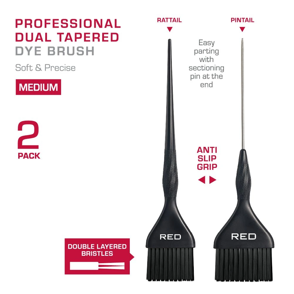Red Professional Dual Tapered Dye Brush 2-Pack Medium HH307 4 Red Professional Dual Tapered Dye Brush 2-Pack Medium HH307 - Image 2